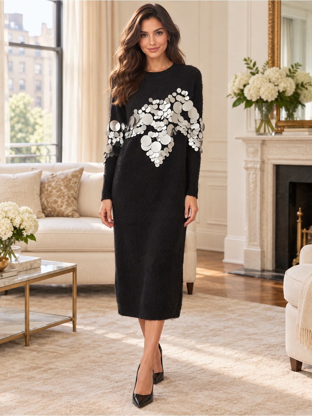 Anewsta Black Silver Disc Embellished Knit Midi Dress Size S